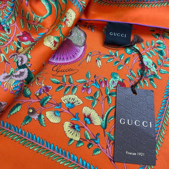 New Gucci Scarf Floral Orange Green Multicolor Flora Silk Wrap - Picture 10 of 16
